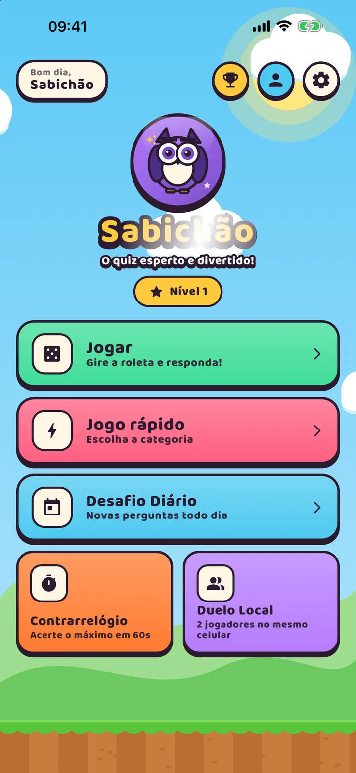 Tela inicial do jogo Sabichão com os modos Jogar, Jogo rápido, Desafio Diário, Contrarrelógio e Duelo Local
